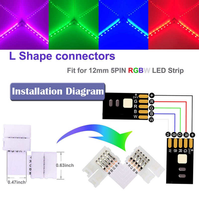 FSJEE 5Pin LED Strip Connector Kits, Comes with16.4ft RGBW Extension Wire, and Solderless RGBW Connector for 12mm Width 5Pin LED Strip Light - Image 5
